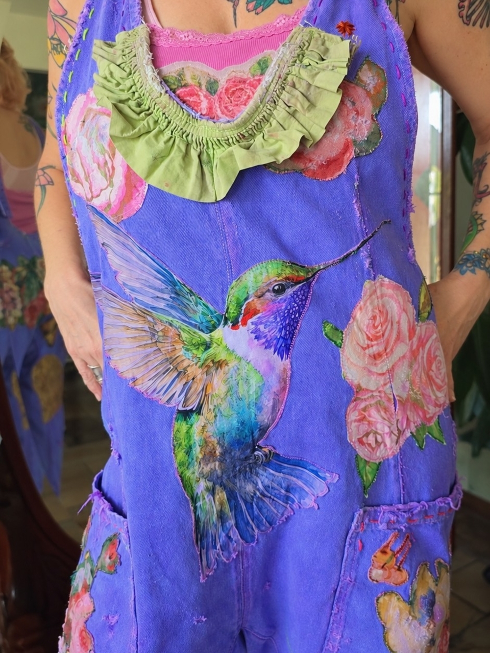 Free People + Me, Purple Floral & Hummingbird Overalls Jumpsuit - Picture 4 of 14